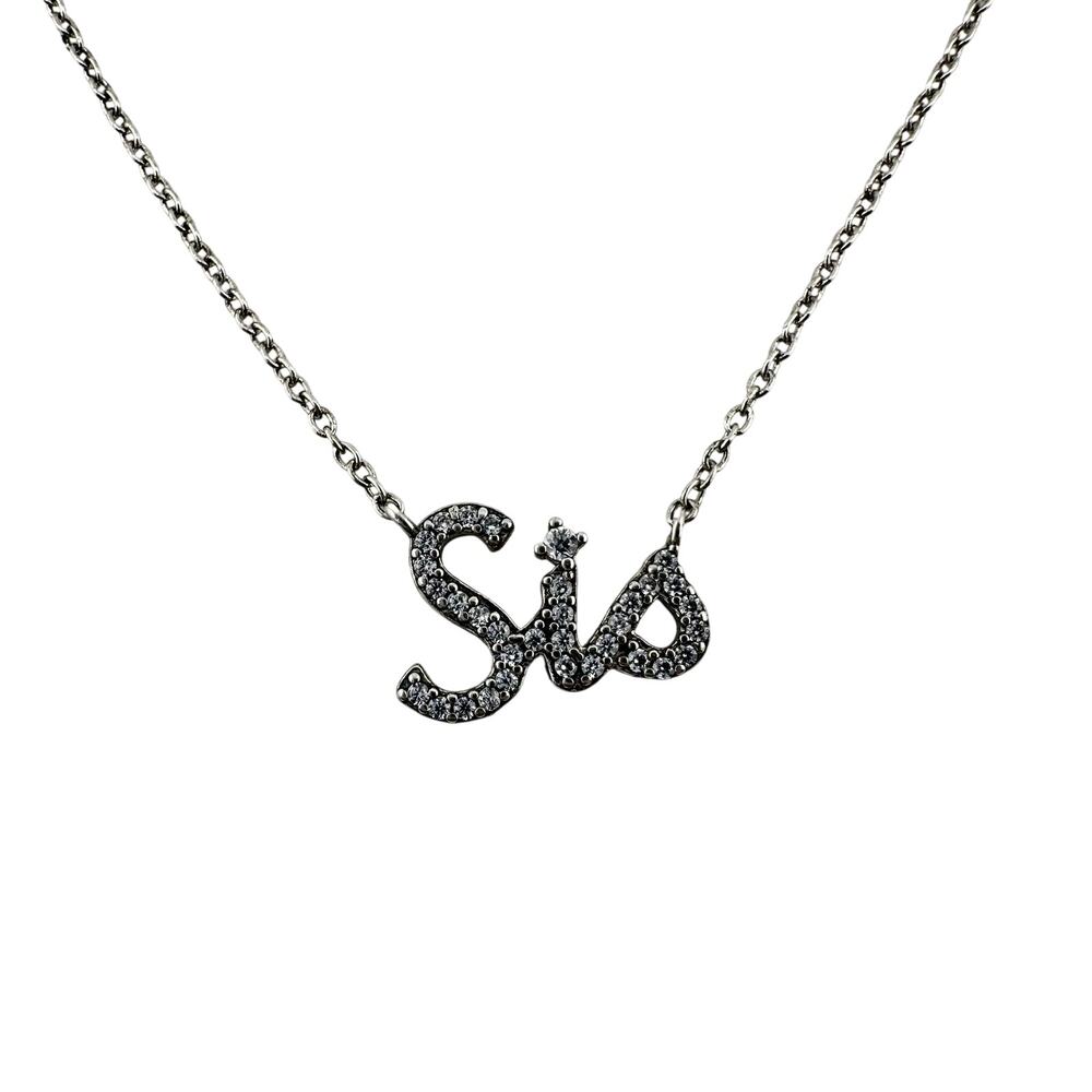 925 Sterling Silver Cubic Zirconia Sis Sister Family Pendant 18" Necklace